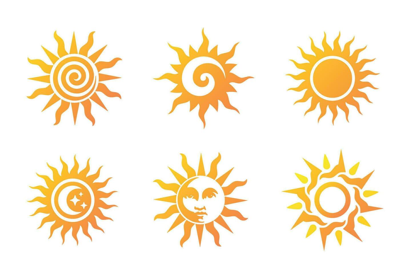 Set of orange engraved suns vector