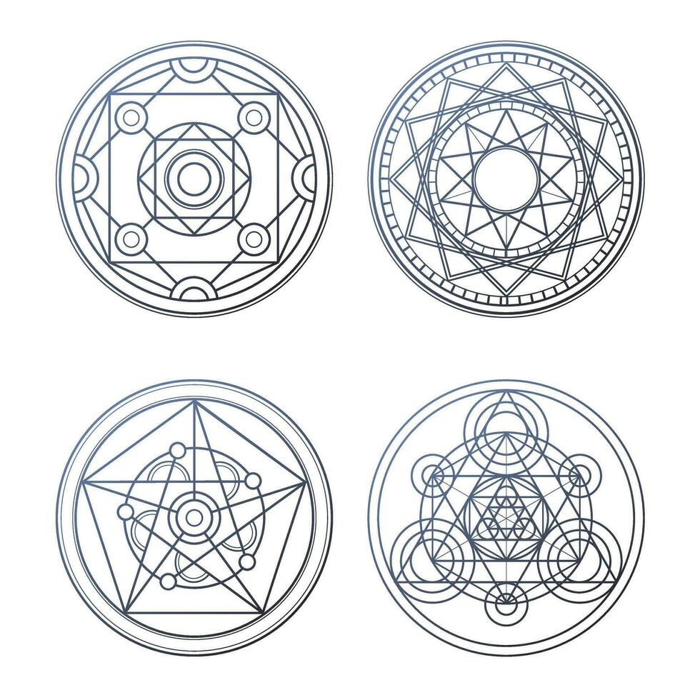 Set of 4 gray alchemy circles. Magic geometric circles vector