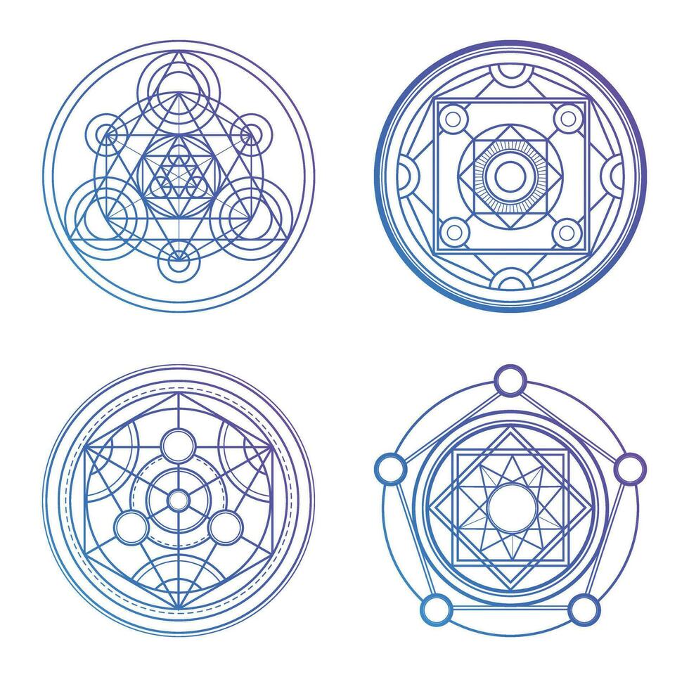 Set of 4 purple alchemy circles. Magic geometric circles vector