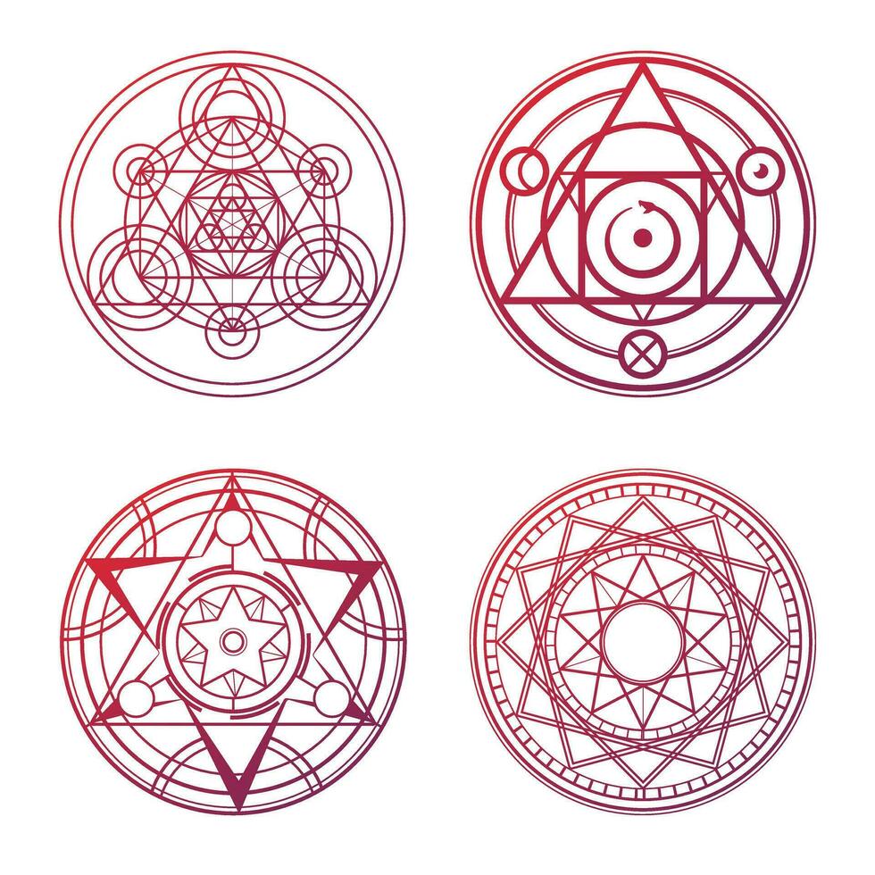 Set of 4 red magic circles. Magic geometric circles vector