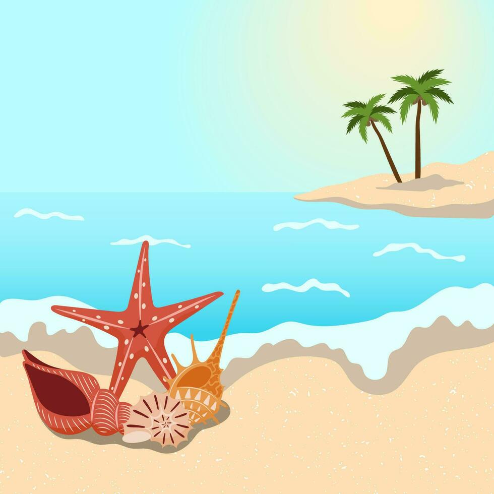 Tropical island with palm trees and seashell, Starfish in the ocean. Summer vacation landscape, sea vector