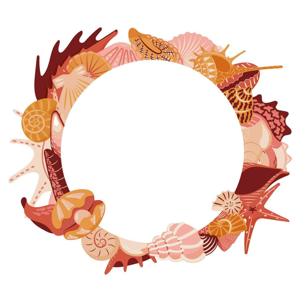 Circle frame with seashells, starfish, clams. Border vector