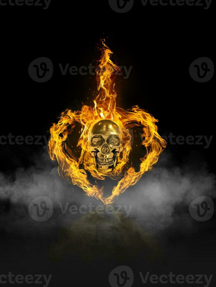 Fire skull and heart flame heat, of fire in black smoke background photo