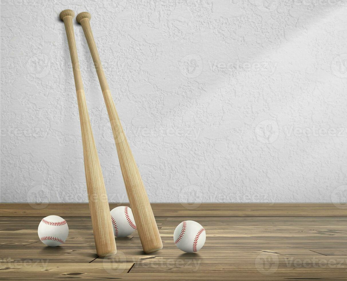 baseball ball and wooden baseball bat in white empty room wooden floor with sunlight cast shadows on wall photo