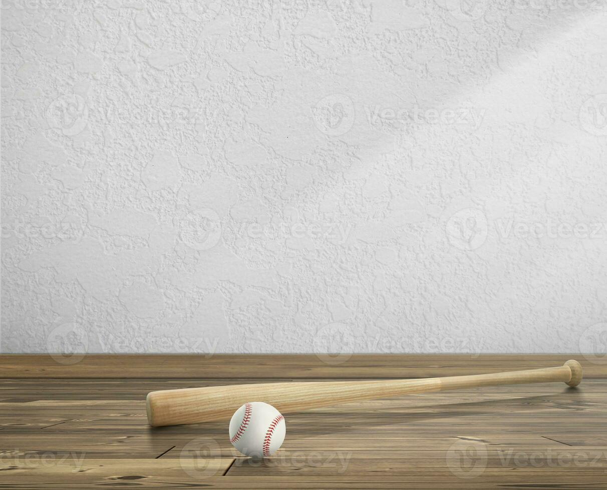 baseball ball and wooden baseball bat in white empty room wooden floor with sunlight cast shadows on wall photo