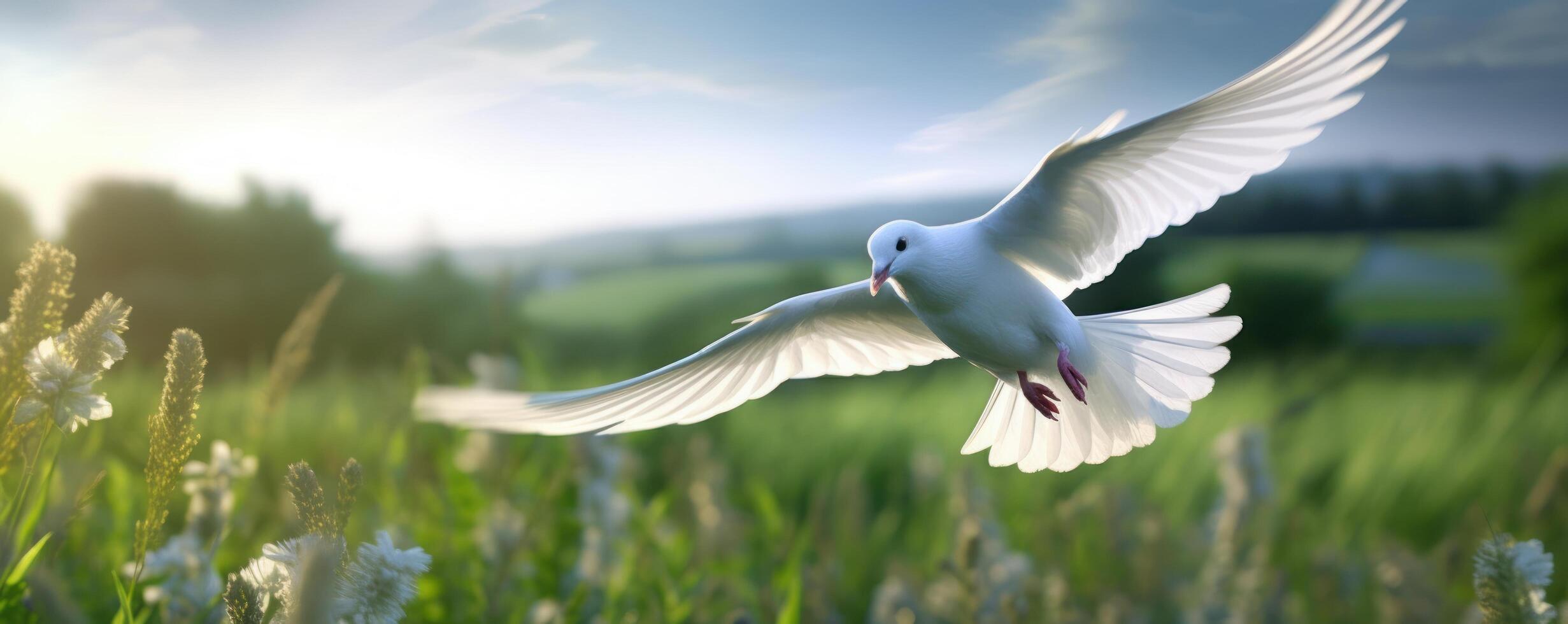 International Peace Day, White Dove Flying on Blue Sky Background, Bird of Peace Symbol. photo