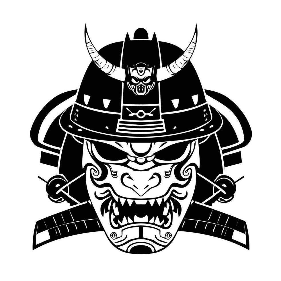 Oni Mask Tattoo T-shirt. Black masked samurai. Traditional Japanese warrior. Vintage isolated vector illustration. Military design and art element concept