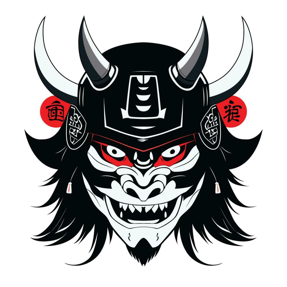 Oni Mask Tattoo T-shirt. Black masked samurai. Traditional Japanese warrior. Vintage isolated vector illustration. Military design and art element concept