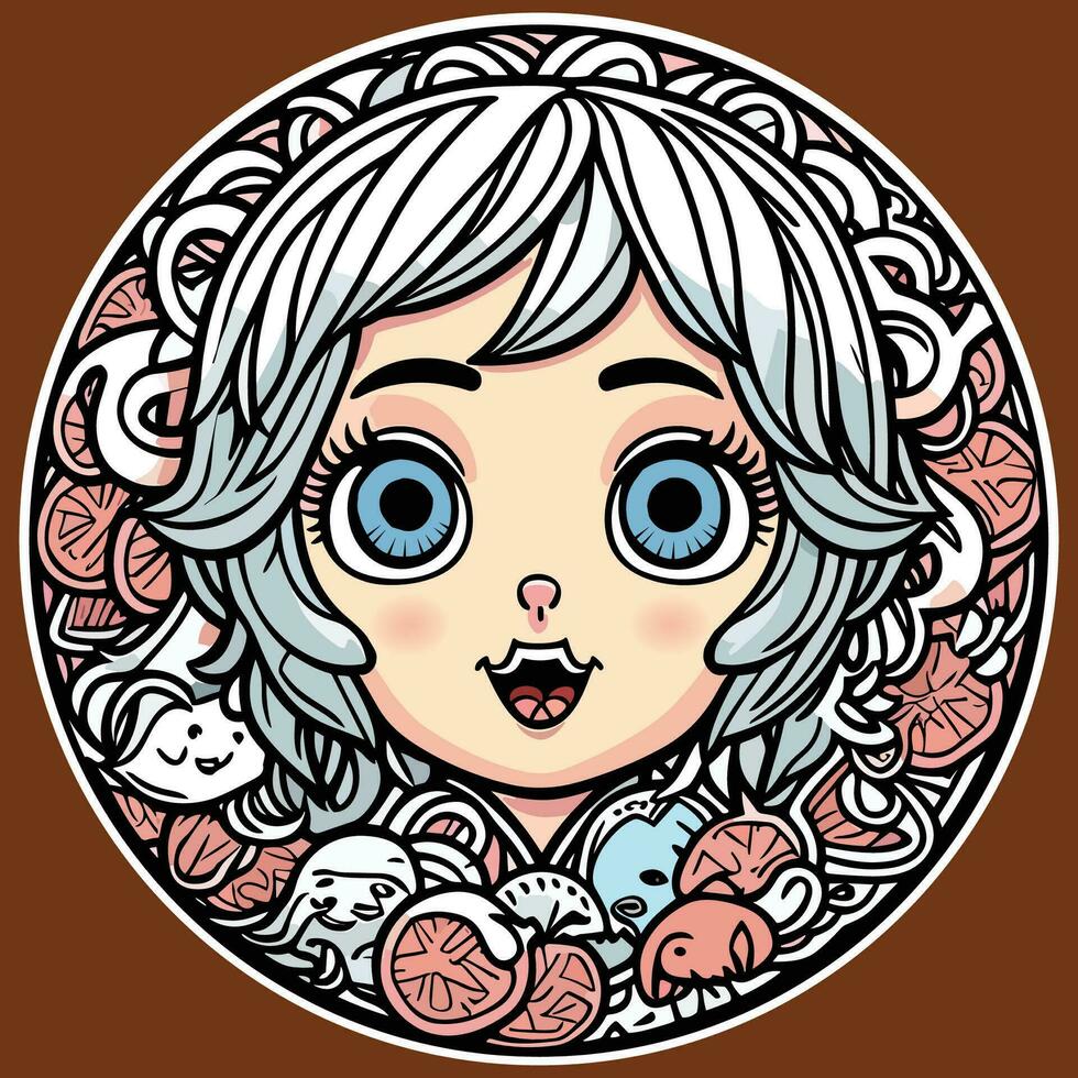 avatar chibi anime niña dibujos animados logo pegatina con diseño, describir, mándala, tatuaje, flor, bosquejo, ornamento en redondo circulo vector