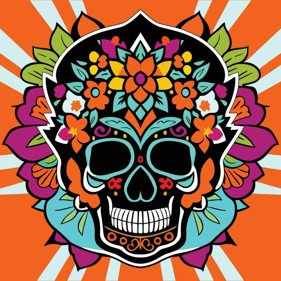 Colorful skull decorated all around with flowers. Vector Illustration