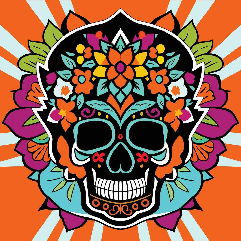 vistoso cráneo decorado todas alrededor con flores vector ilustración