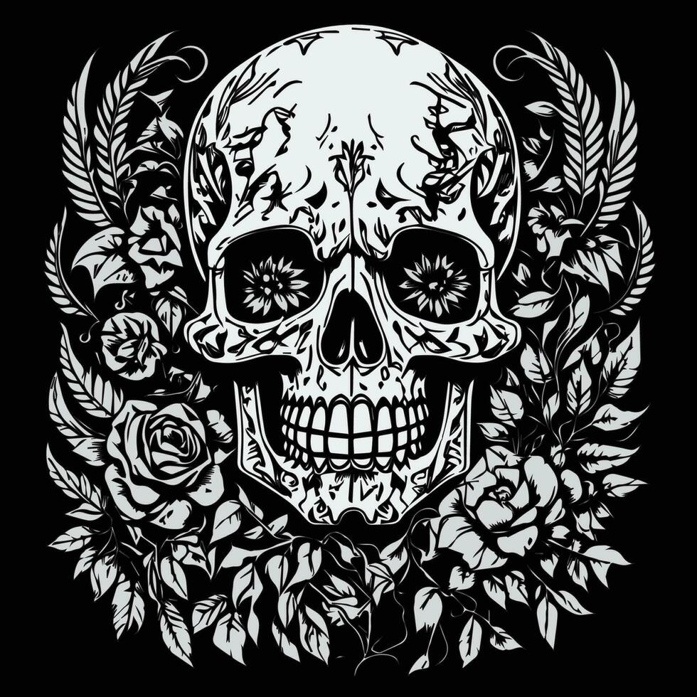 skull with ornamental floral frame and decorative tattoo vector