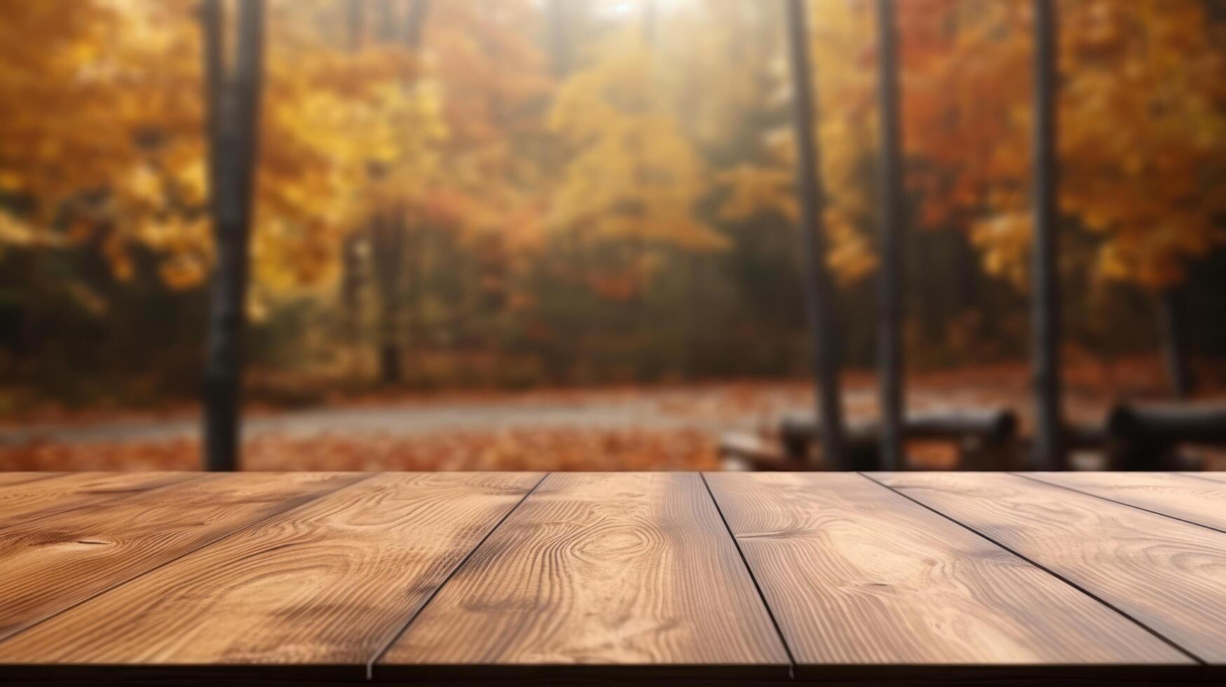 Empty Wooden Table for Product Display on Autumn Nature Background. photo
