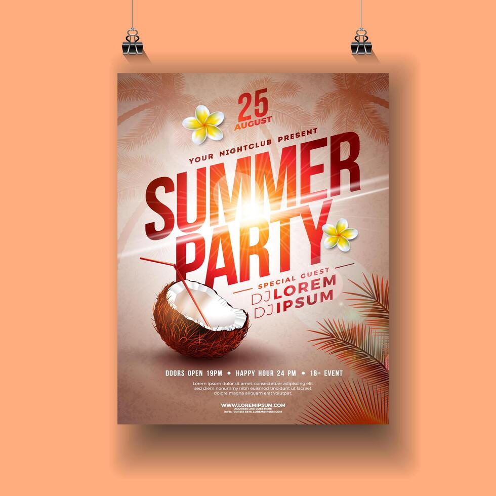 Vector summer party flyer with flower and coconut design photo