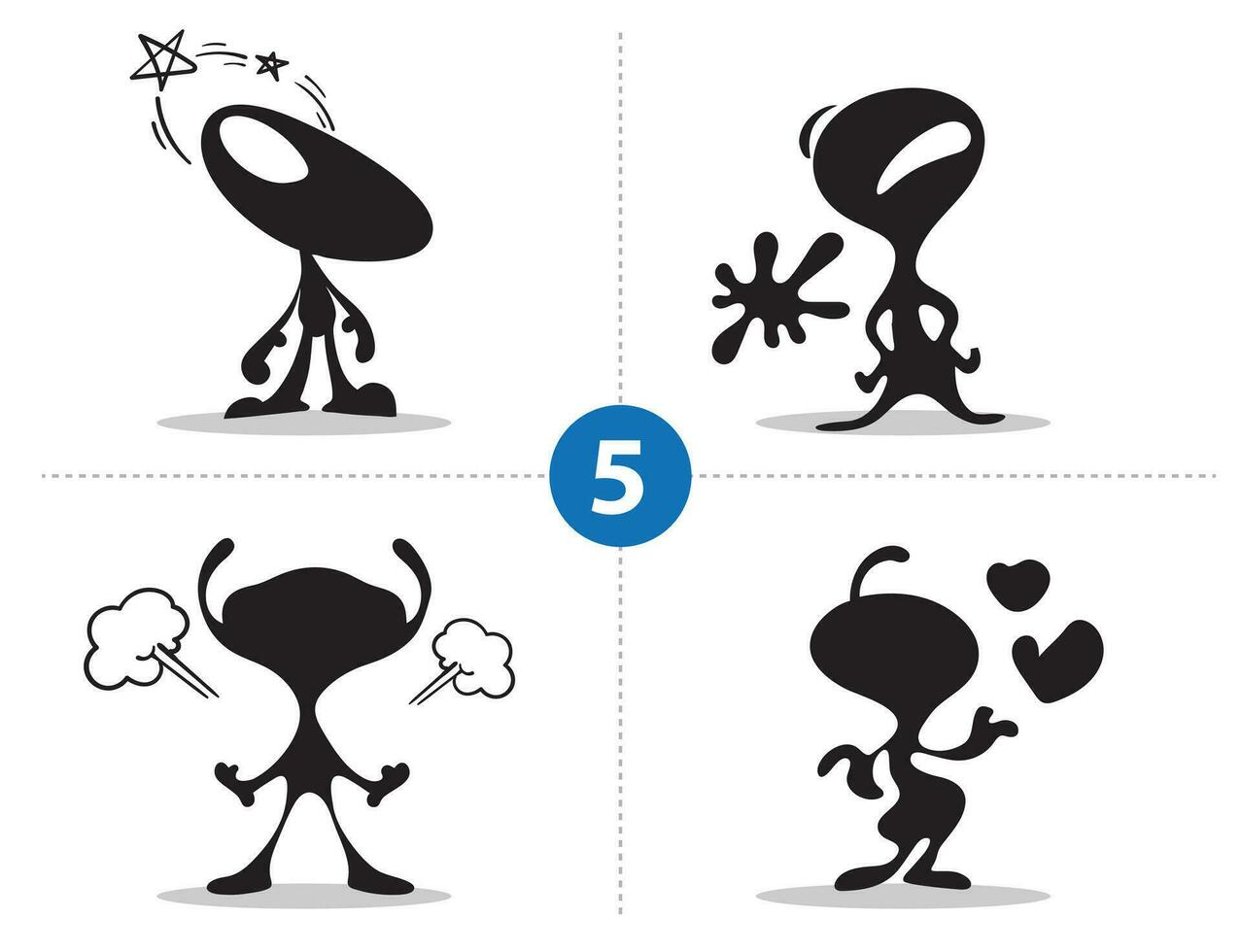 Abstract 5-5 Cartoon comic characters variety with different expressions  silhouette and emotions for presentation for story board design vector art 5 set of characters library