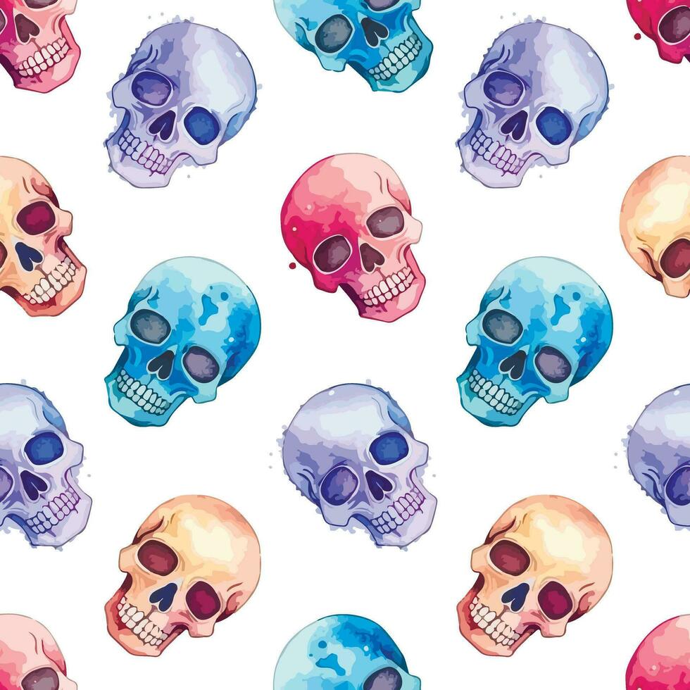 Seamless pattern with bright multicolored watercolor skulls. Decor background for halloween and day of the dead vector