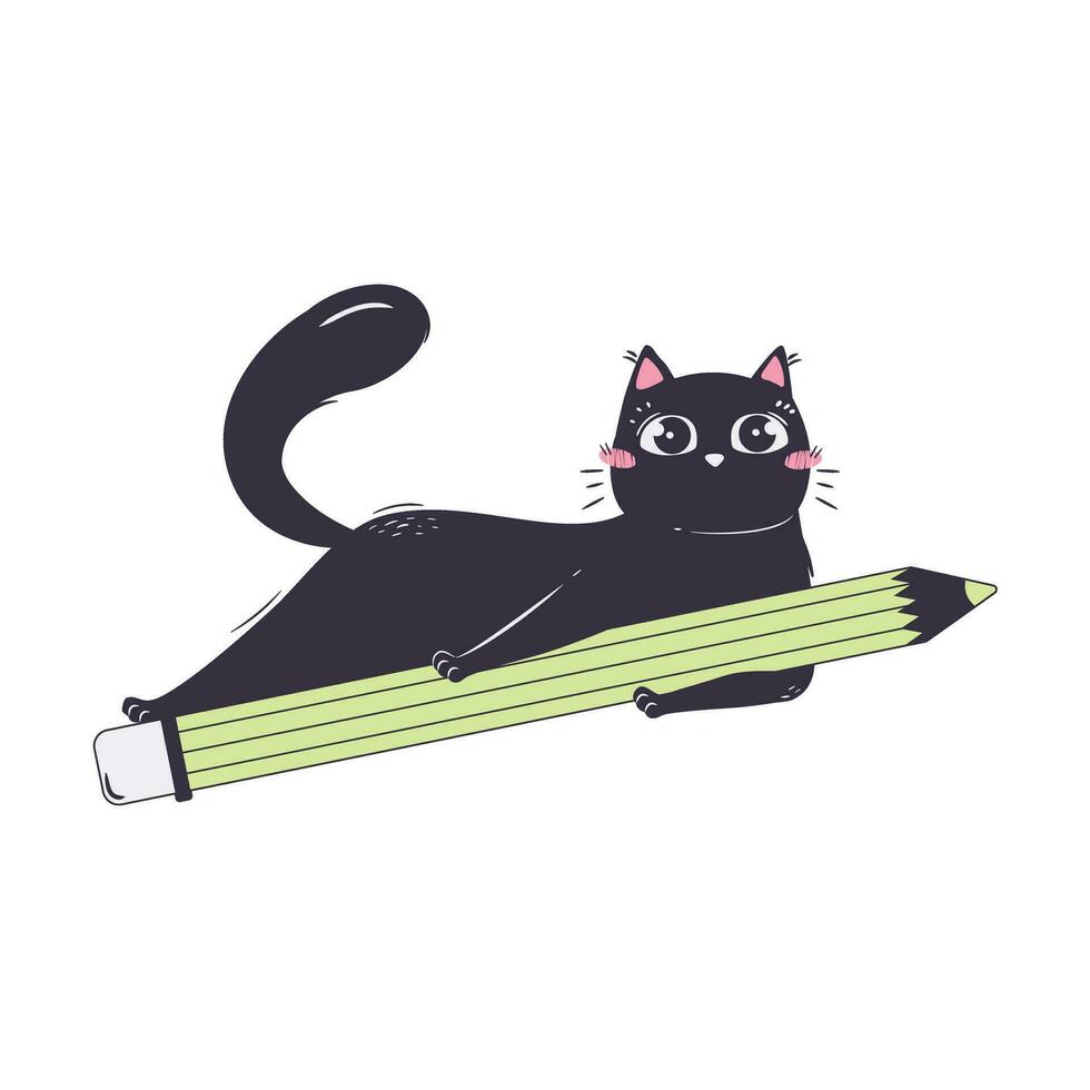 simple funny cat lies hugging a big pencil vector