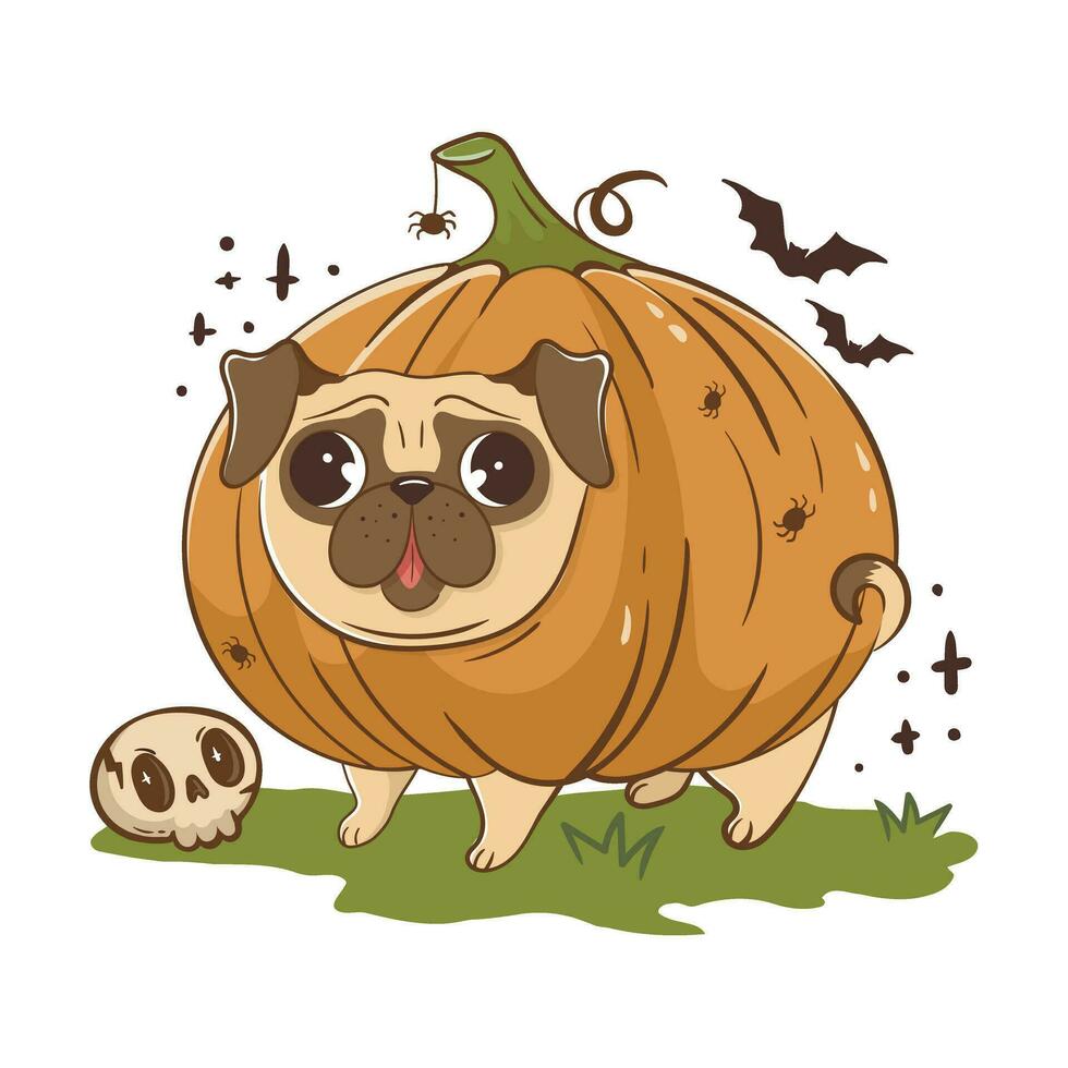 gracioso dibujos animados doguillo perro en un Víspera de Todos los Santos calabaza traje. de miedo gracioso personaje para Víspera de Todos los Santos. vector ilustración de mascotas