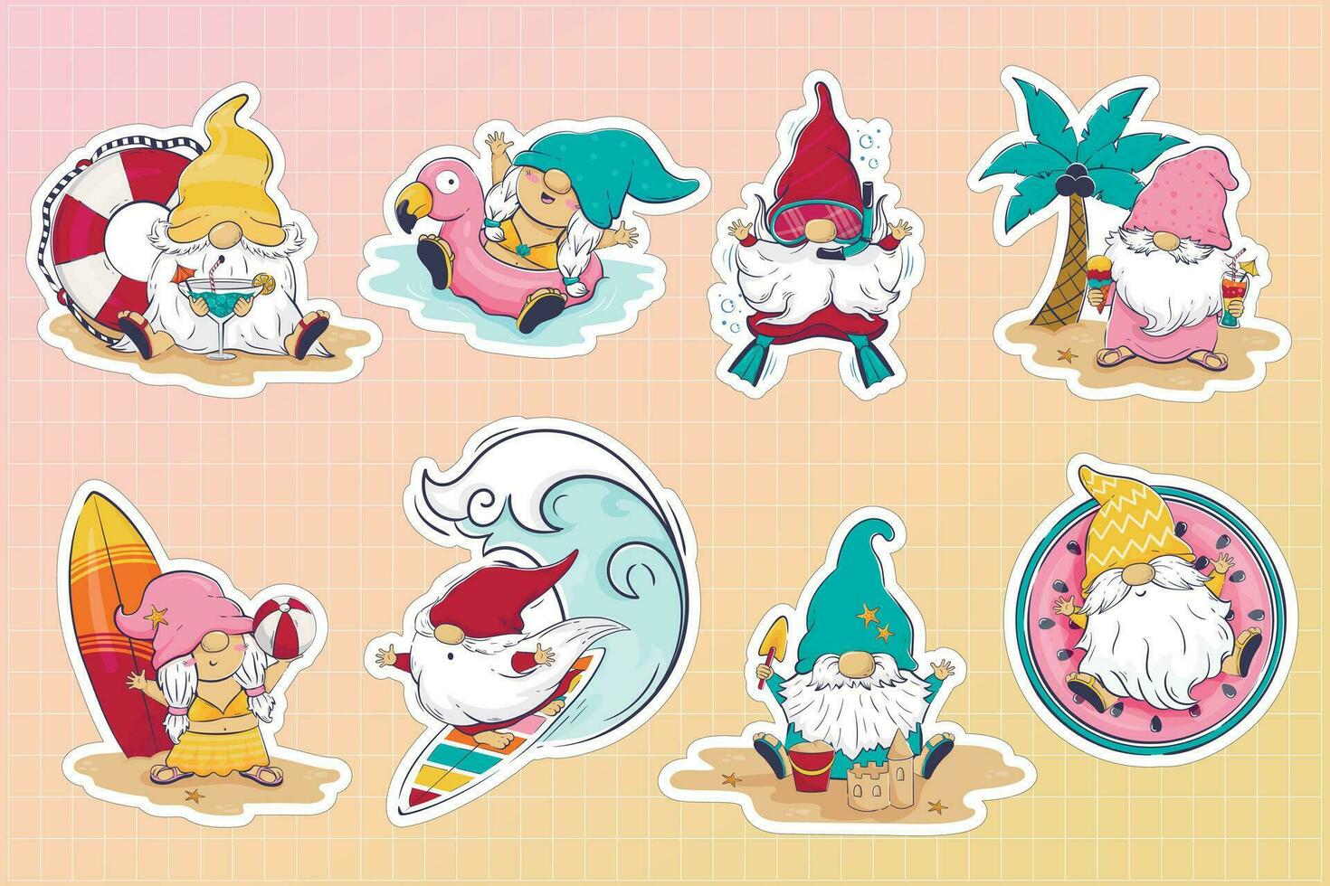 Bundle of stickers with cartoon gnomes on the beach and in the pool. Leprechauns play ball, swim, dive, surf, drink cocktails, build sand castles. vector