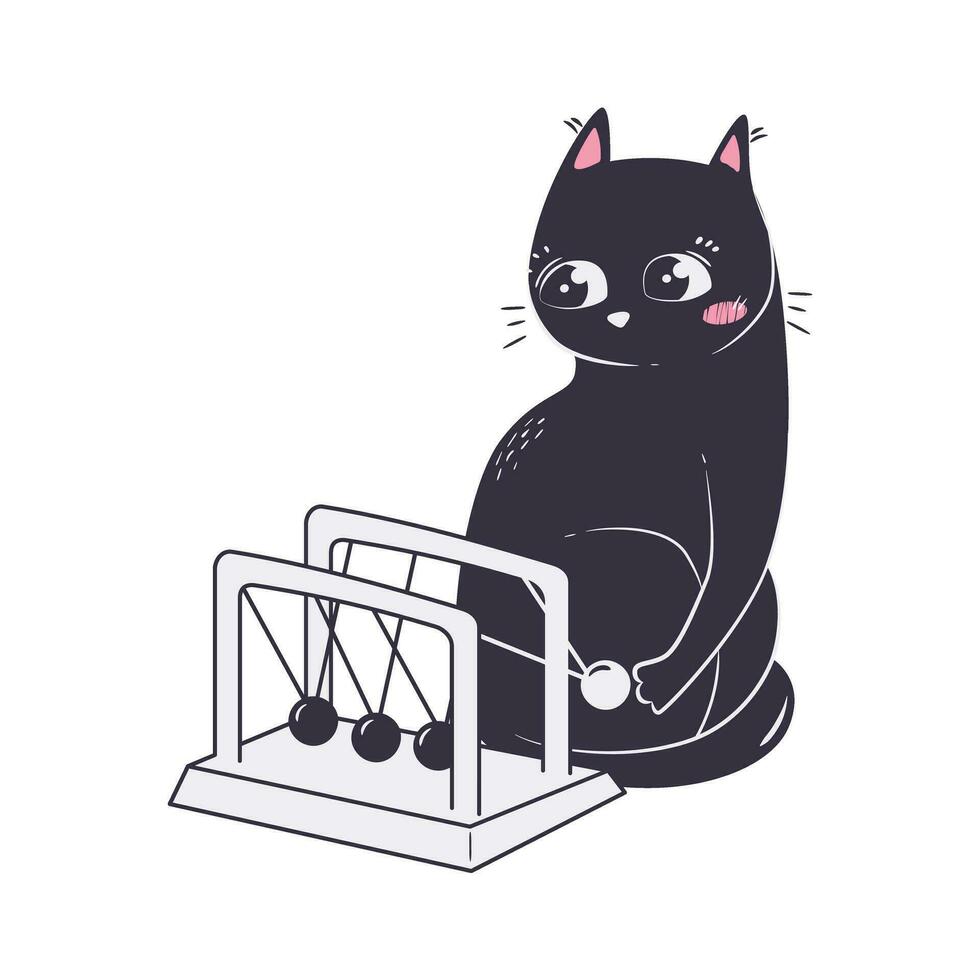 simple funny cat is playing with a pendulum with newton's metal balls vector