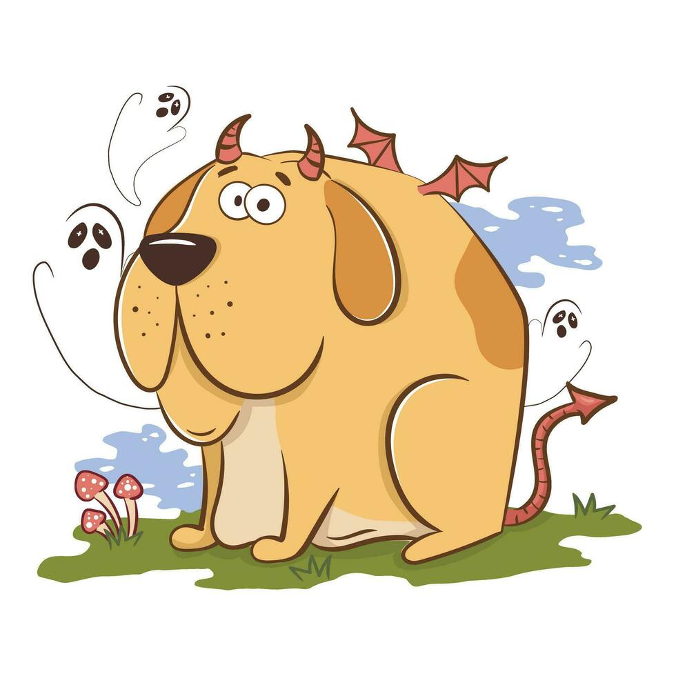 Funny cartoon big dog in a halloween devil costume. Scary funny character for halloween. Vector illustration of pets