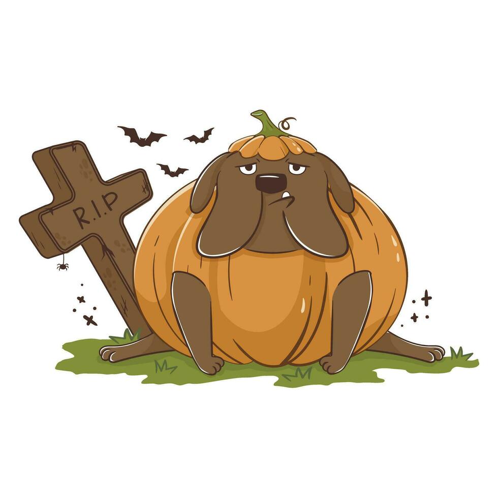 Funny cartoon dog bulldog in a pumpkin costume for halloween. Scary funny character for halloween. Vector illustration of pets