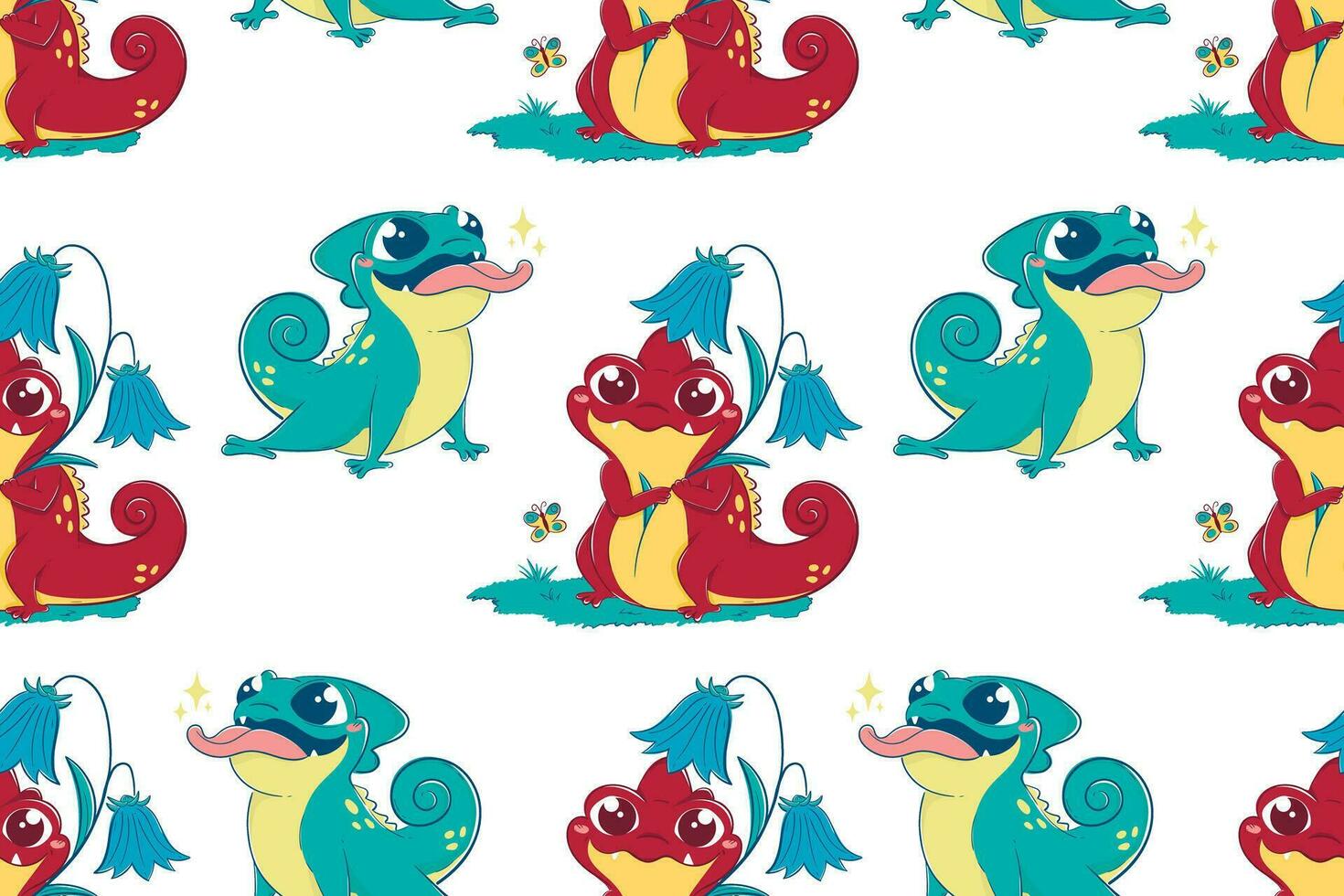 Seamless pattern with cartoon funny lizards. Vector illustration of chameleons