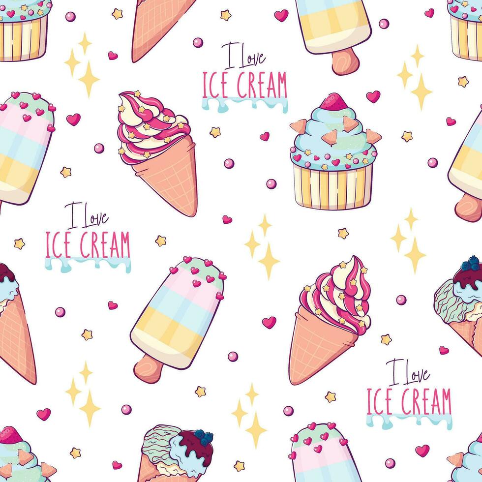 Seamless pattern for summer textile with cute cartoon doodle ice cream and lettering i love ice cream vector