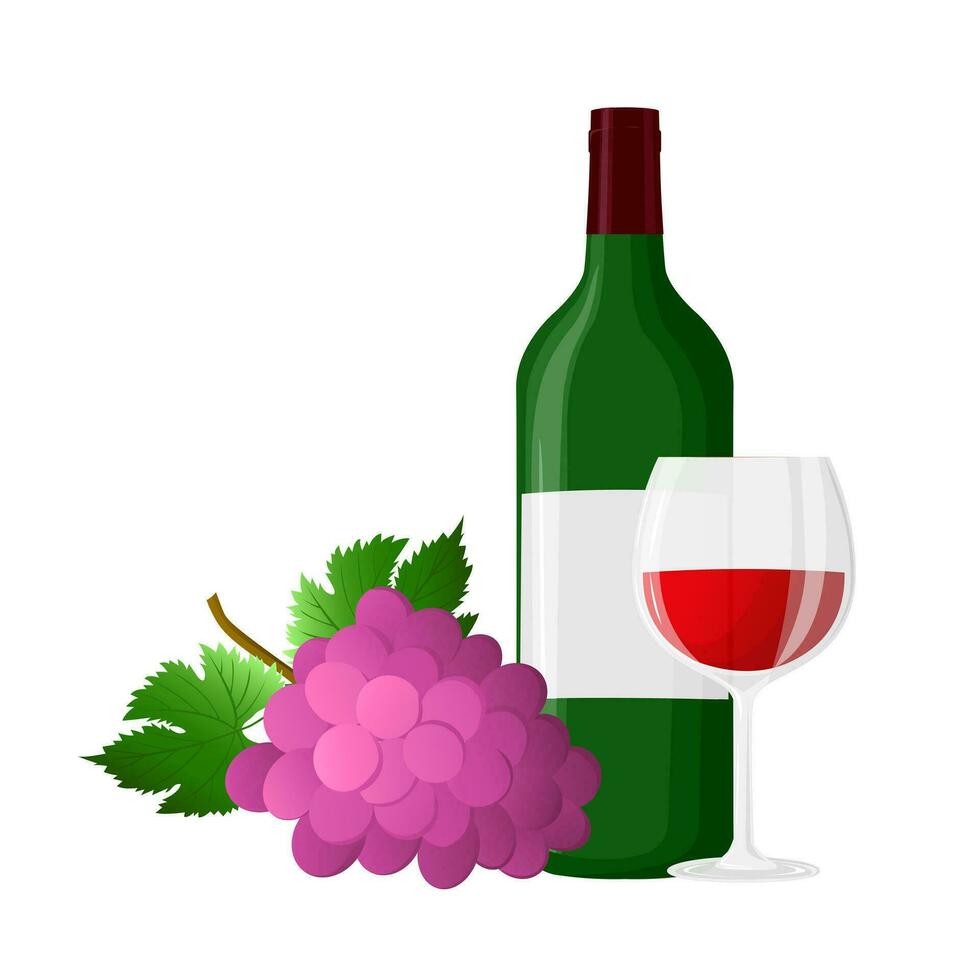 Wine  bottle, glass, branch of grape with leaves. For wine list, menu, flyer, party, alcohol drinks, celebration holidays. Vector illustration