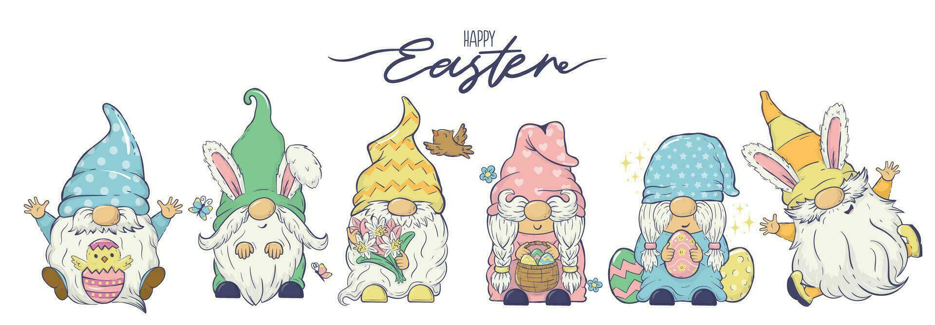 Collection of vector Easter gnomes in different poses with Easter eggs, bunny ears, spring flowers. Clipart For cards, invitations, packaging design, posters, prints