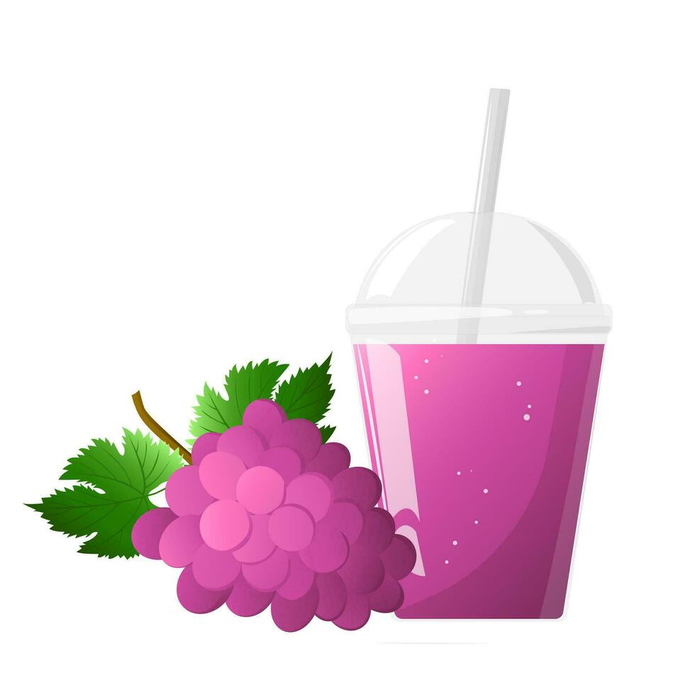 el plastico vaso de uva jugo y manojo de rosa, púrpura uvas aislado en blanco antecedentes. para etiquetas, menús, póster, imprimir, o embalaje diseño. vector ilustración