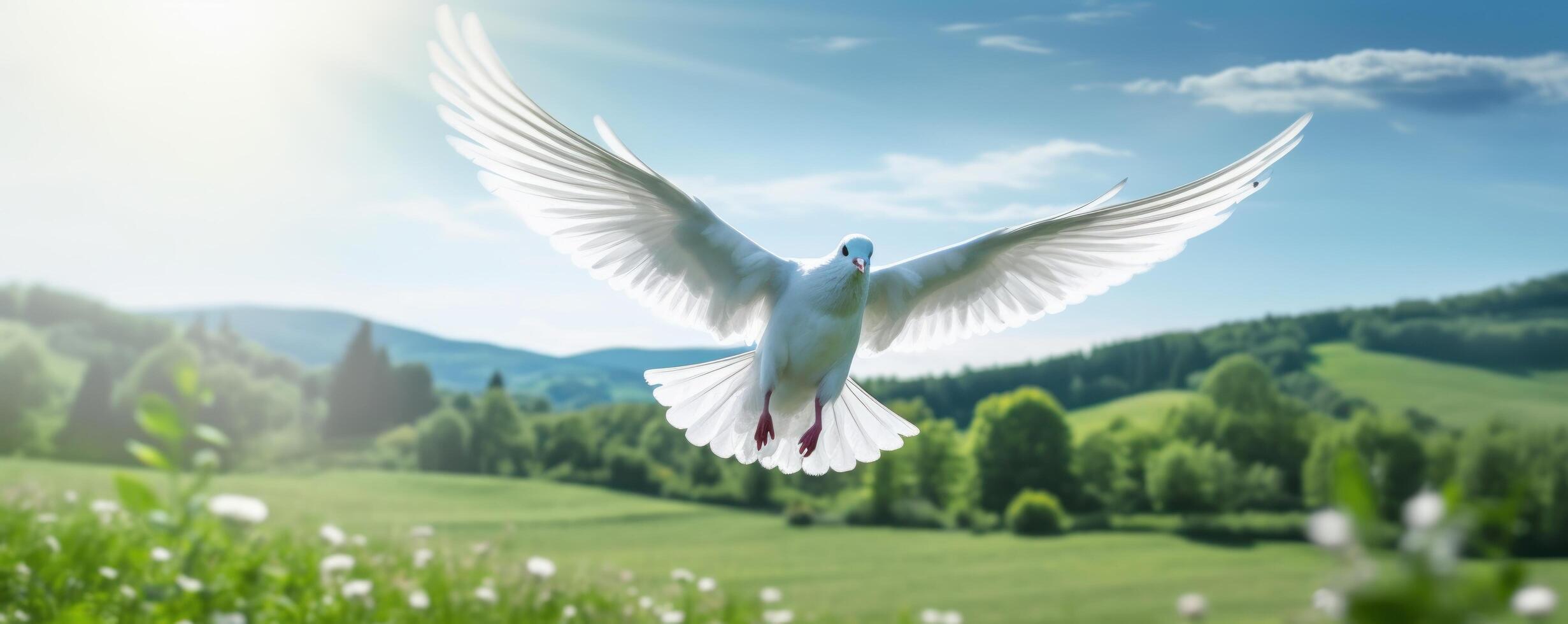 International Peace Day, White Dove Flying on Blue Sky Background, Bird of Peace Symbol. photo