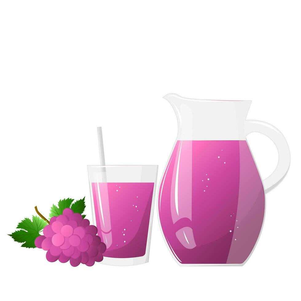 Lemonade juice jug, glass and grape. Refreshing drink. For design of fresh product, juice, canned food, menu for cafe, poster. Flat vector illustration design