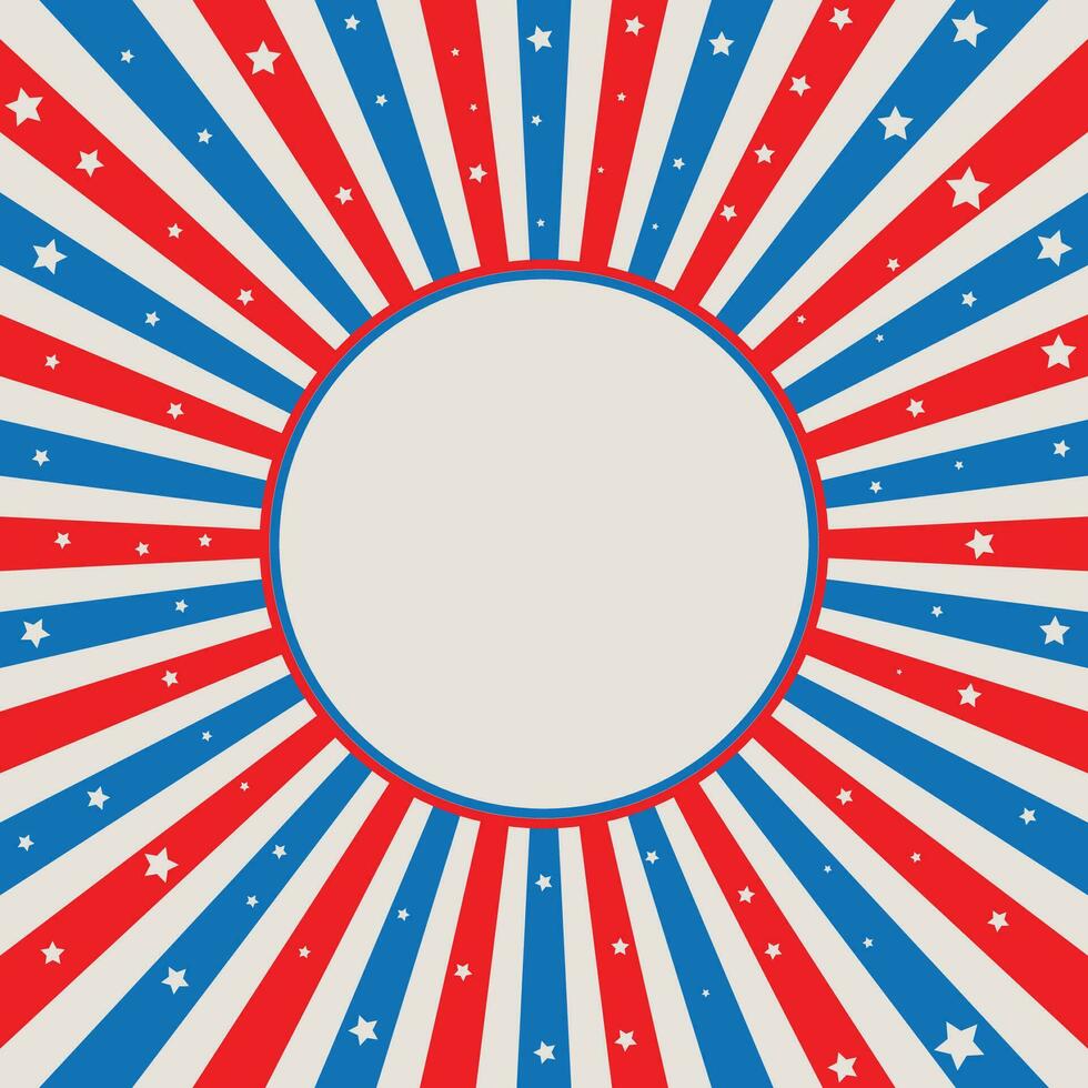 American usa flag in red and blue sunburst background with stars and colored circle vector