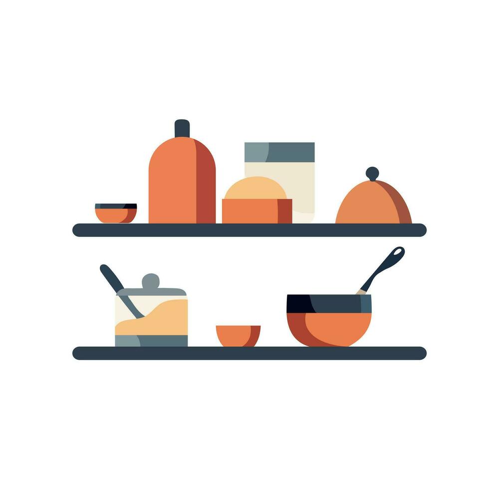 Cartoon kitchen shelf. Crockery and kitchen containers. Flat vector image on white