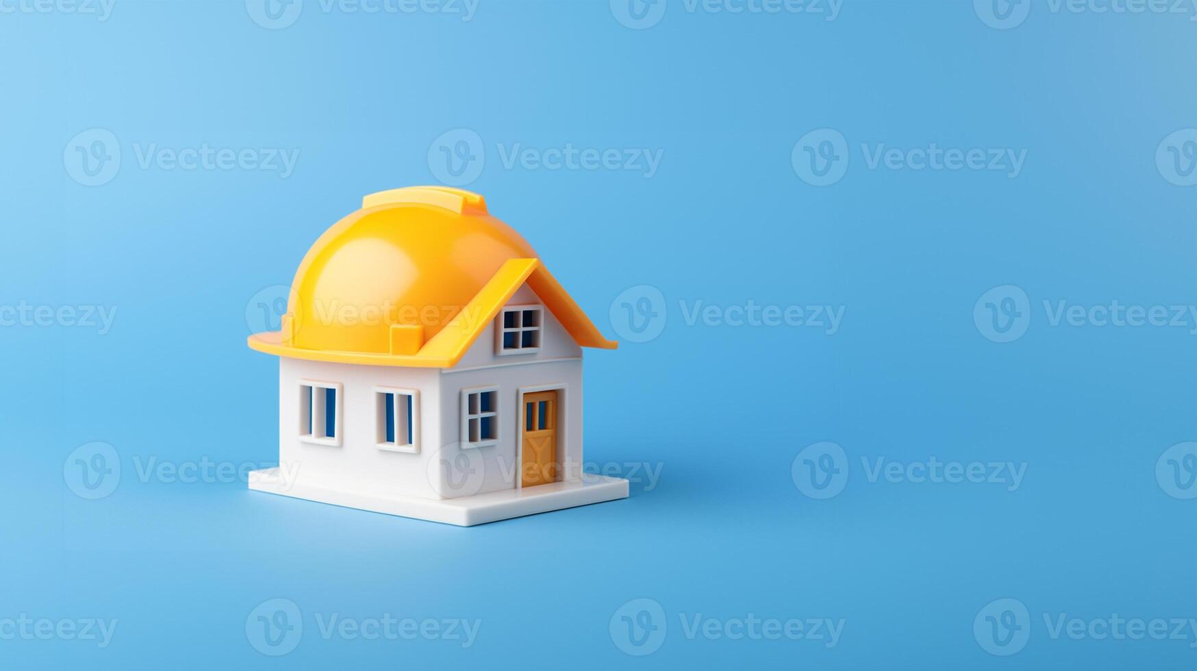 Toy house with a roof in the form of a protective helmet on a blue background. photo