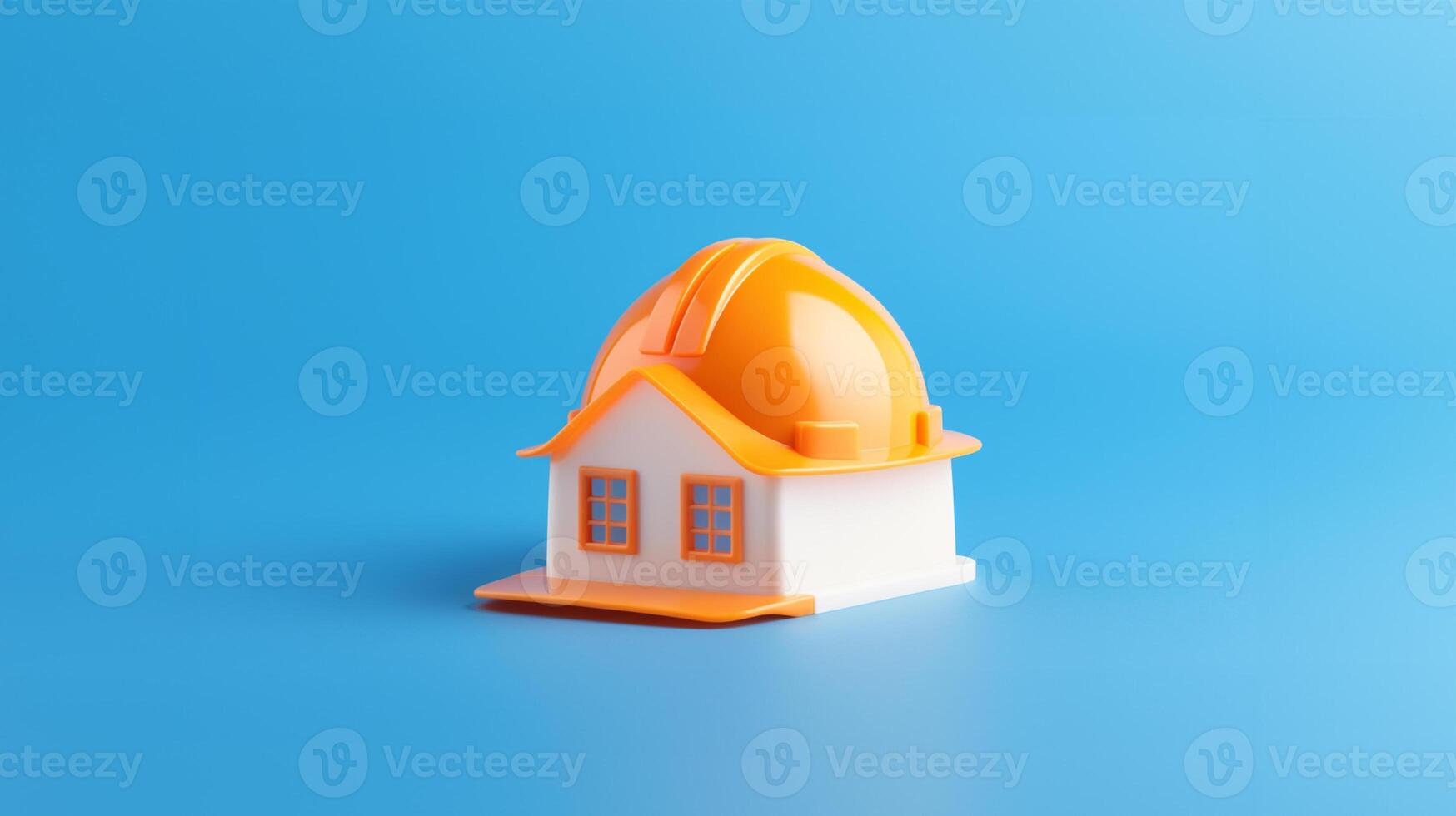 Toy house with a roof in the form of a protective helmet on a blue background. photo