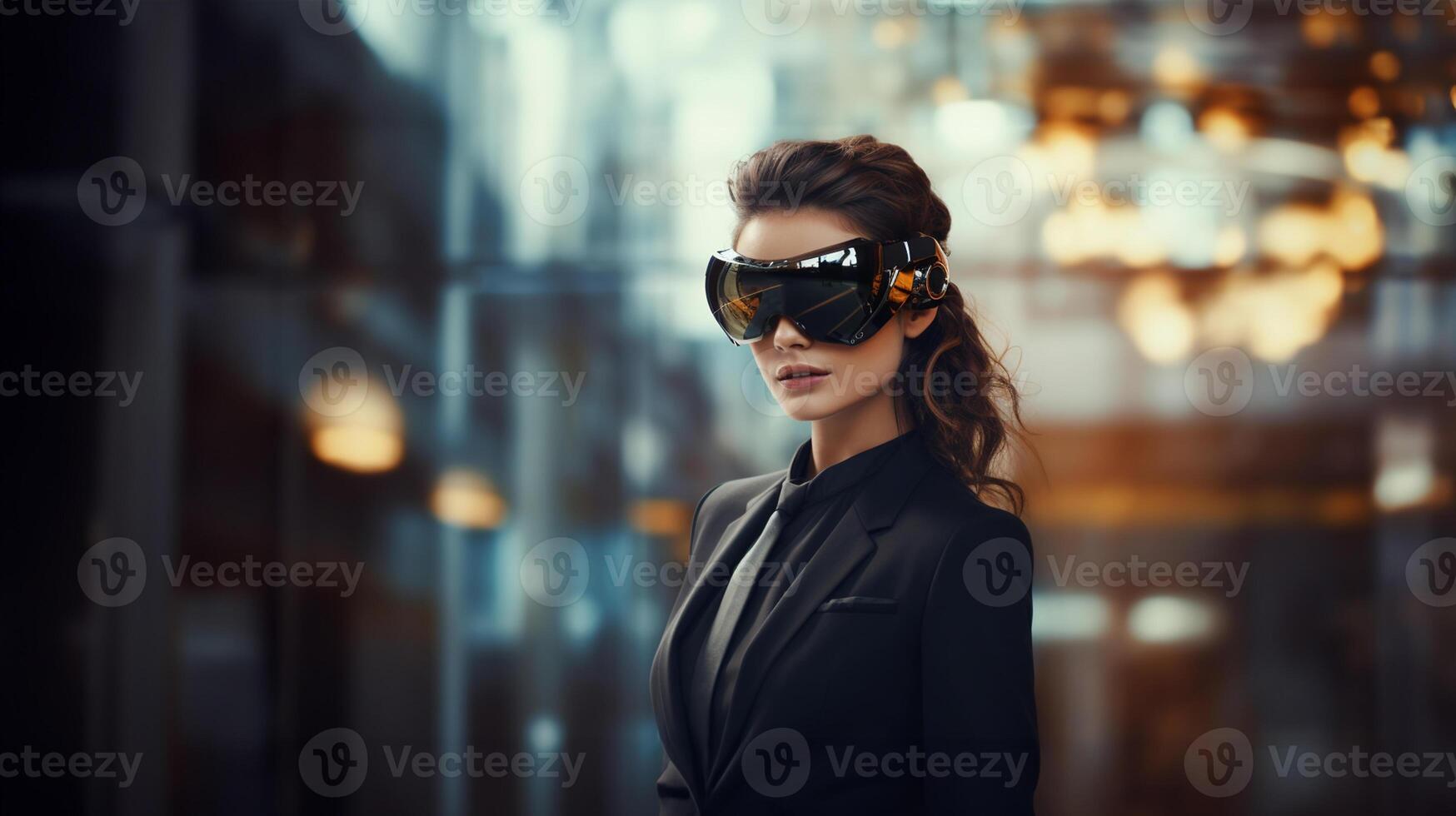 un mujer en un formal traje vistiendo aumentado realidad lentes en contra borroso futurista ciudad. ai generado foto