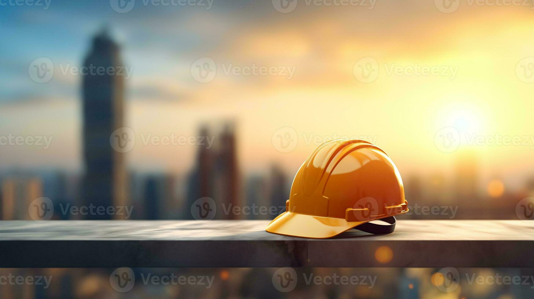 Construction helmet on a blurred background of a construction site. AI generated photo