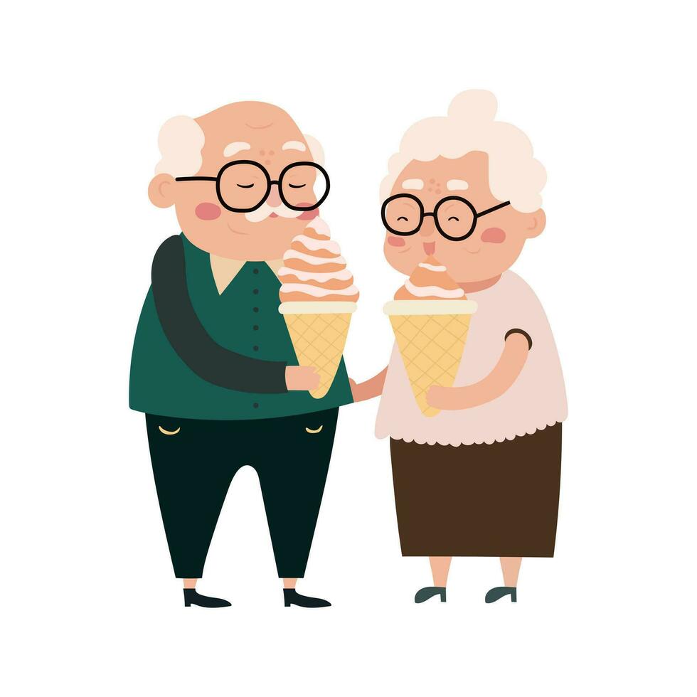 mayor personas sano activo estilo de vida plano composición con mayor Pareja comiendo hielo crema en blanco vector ilustración. abuela y abuelo