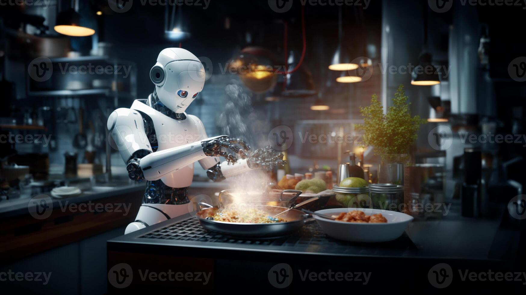 Robot cook prepares a dish in the kitchen of a restaurant. photo