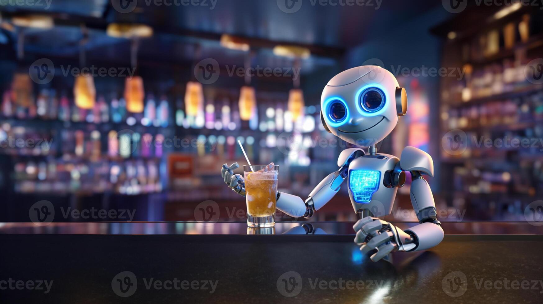 Cheerful robot bartender makes cocktails. Neon bar, futuristic bar. AI