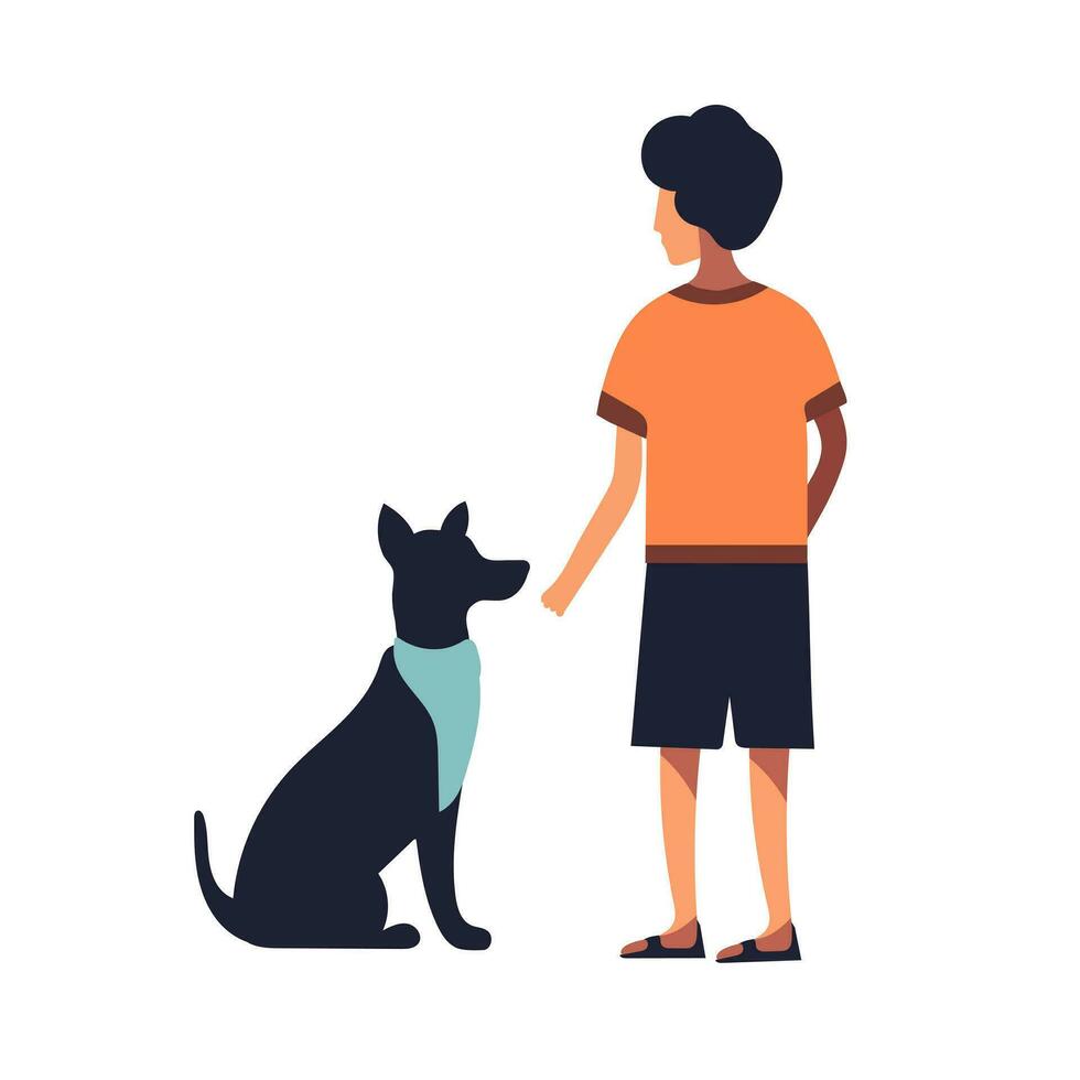 Boy and dog. Cartoon character with his pet dog. Vector on white. Modern style