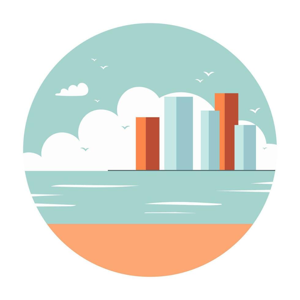 Sea coast and beach. Seagulls in the sky. City on the horizon. Round cartoon illustration with summer mood. vector