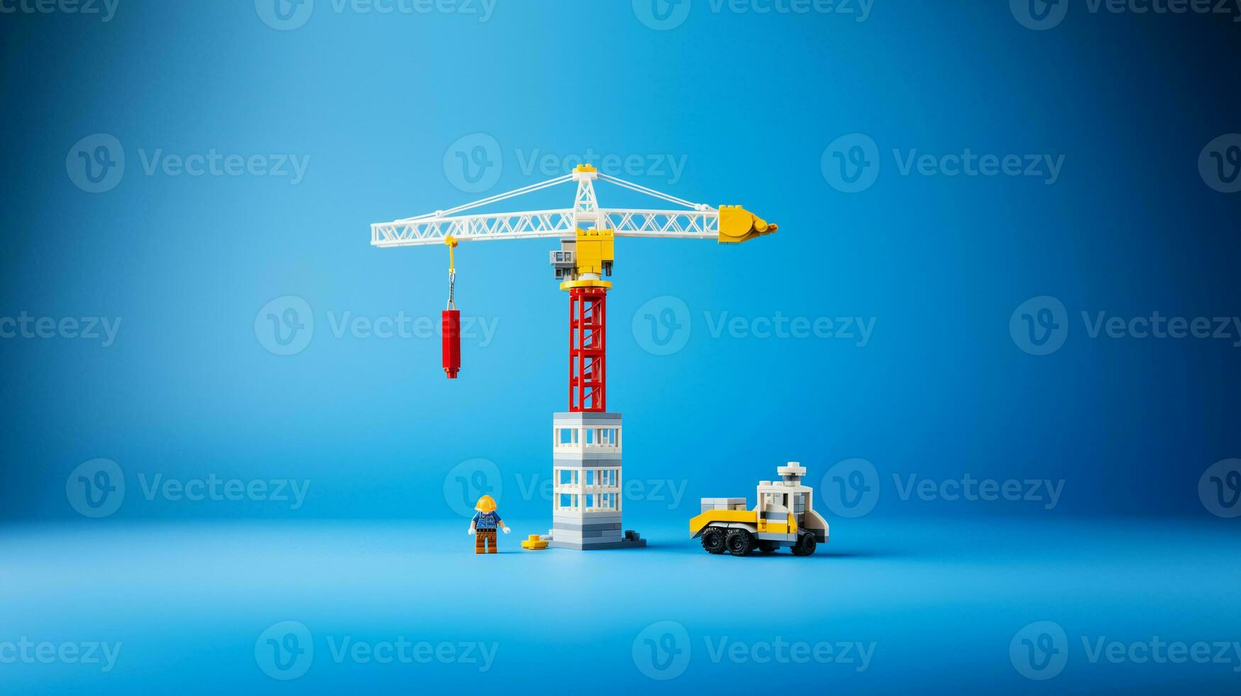 Toy construction crane and car. Banner on blue background. AI generated photo