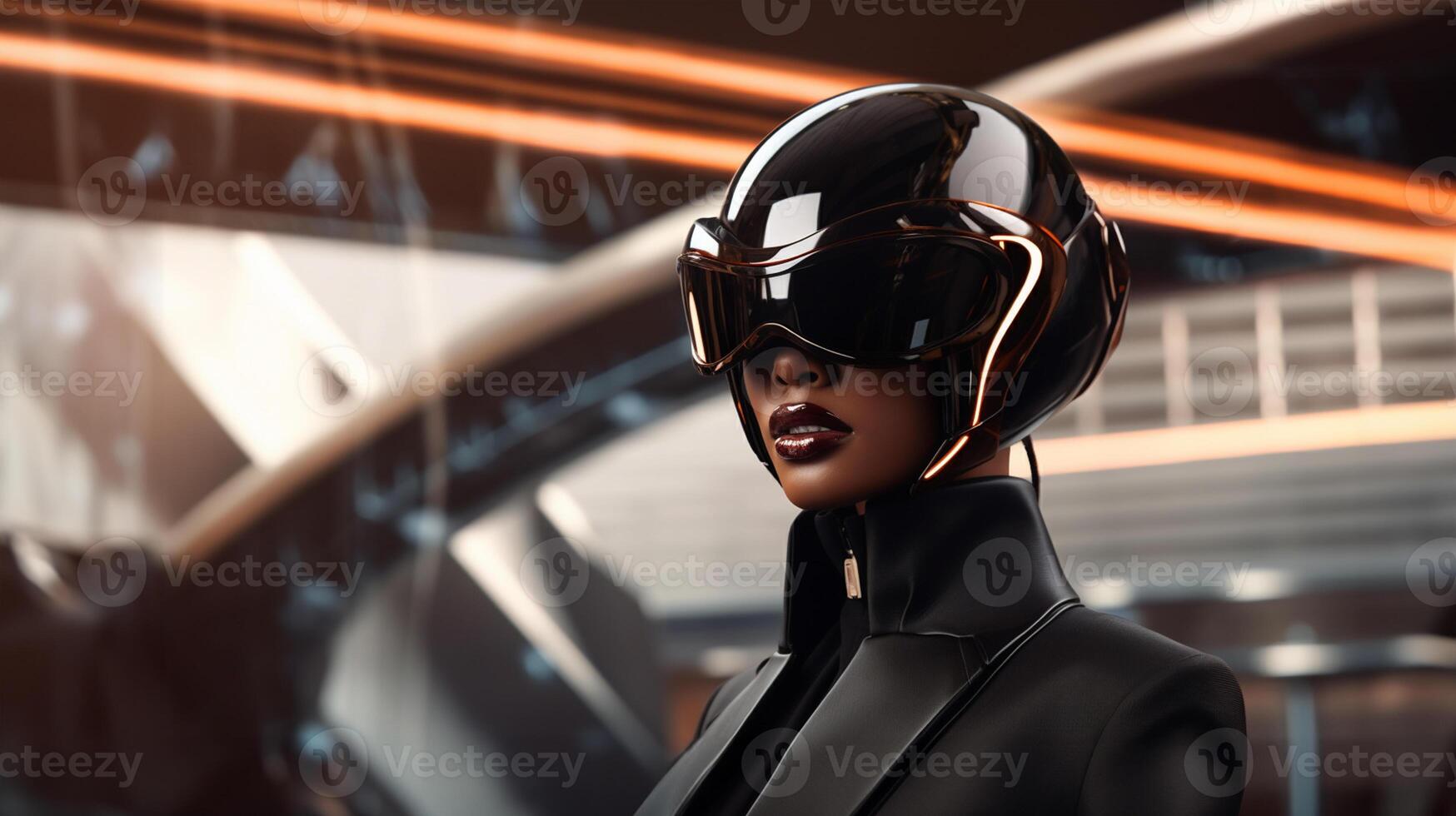 A woman in a formal suit wearing augmented reality glasses against blurry futuristic city. photo
