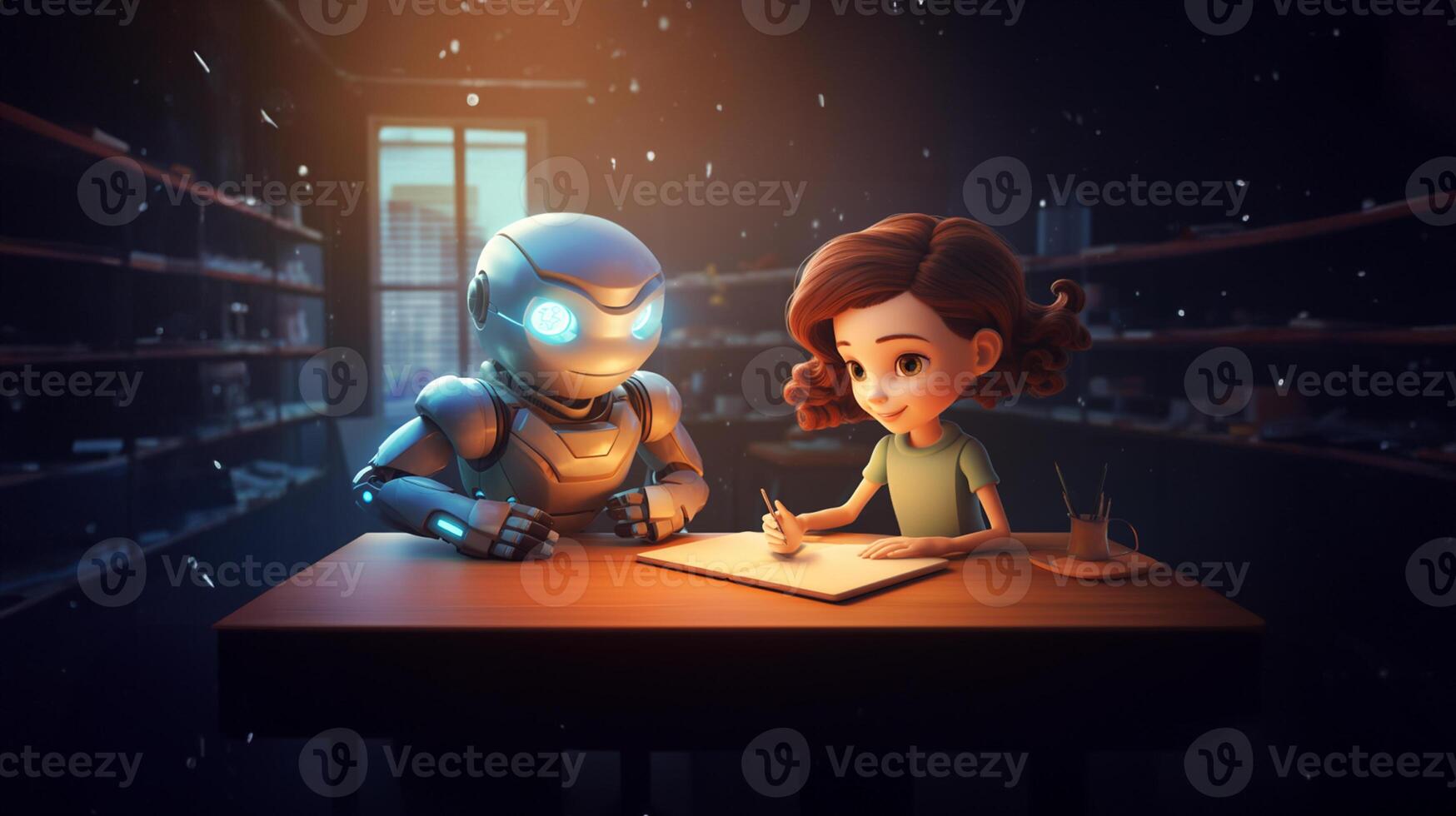 The robot helps the girl to do her homework. In cartoon style. AI generated photo