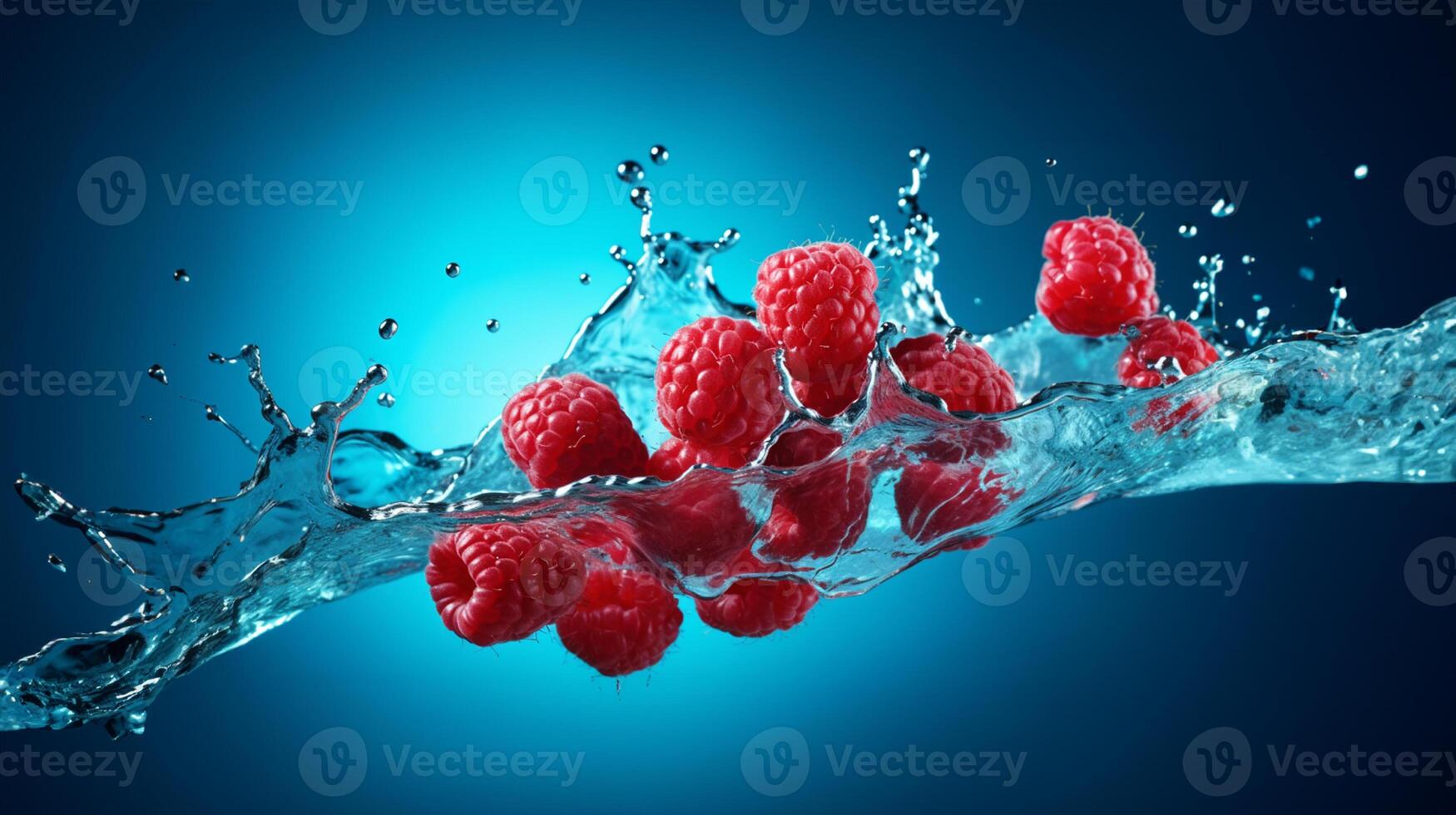 Fresh raspberries dropped into water blue background. photo