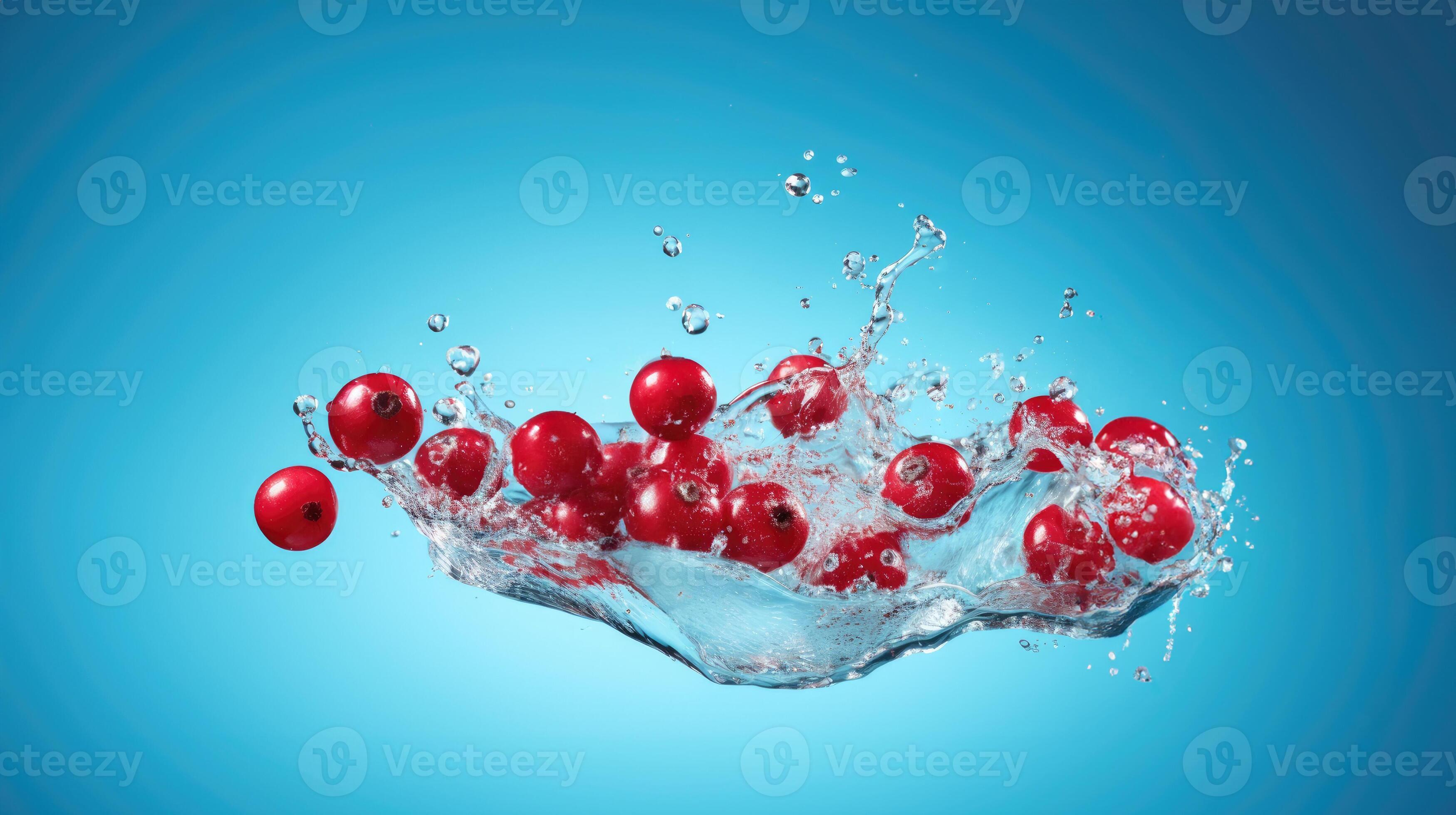 Cranberry. Heap of berries in water splash on blue background. 25853617
