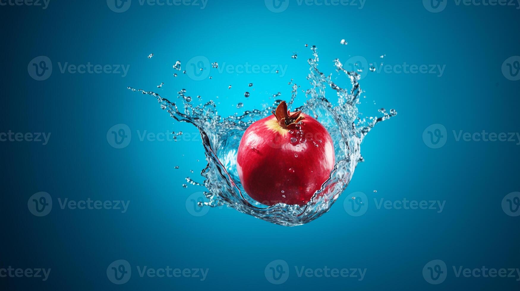 Pomegranate splashing into water against a blue background. AI generated photo